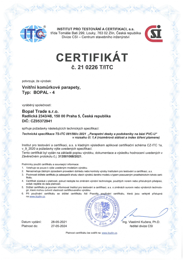 Certifikát kvality BOPAL