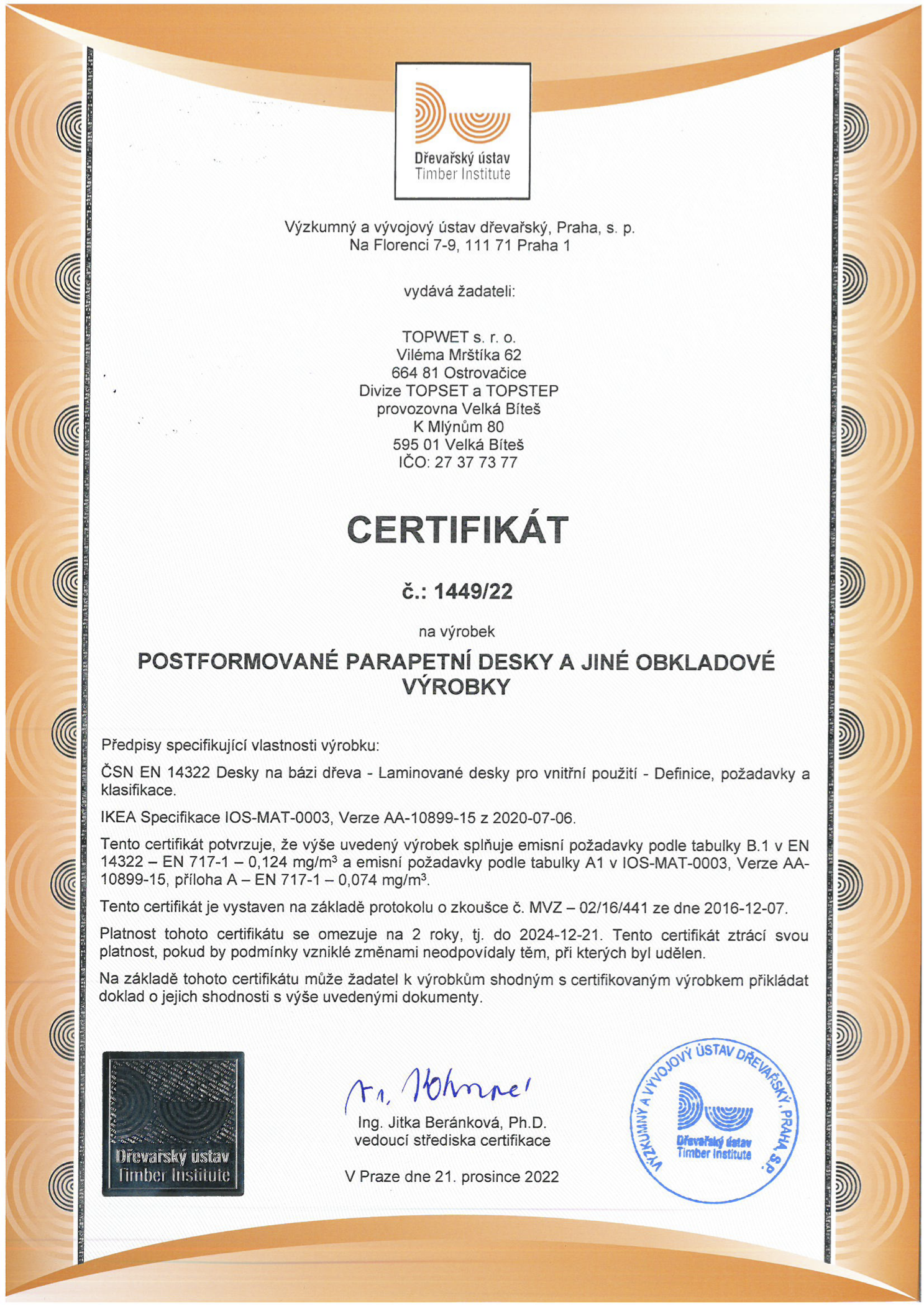 TOPSET - Certifikát - Postformované parapetní desky a jiné obkladové výrobky